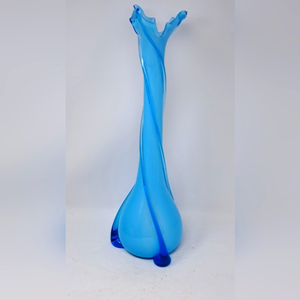 Midcentury Modern Murano Blue Glass Vase With Applied Blue Art Glass Rope